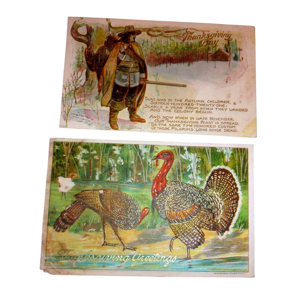 Vintage 1908 Thanksgiving Postcards Pilgrim Turkey Stamped Postmarked Set of 2